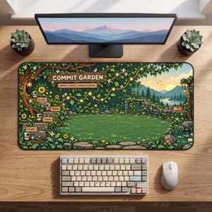 Könnte beinhalten: Eine rechteckige Schreibtischunterlage mit einer Gartenillustration und dem Text COMMIT GARDEN sowie SMALL STEPS, LIVING SYSTEMS. Zu sehen sind kleine Roboter auf Steinstufen, üppiges Grün, Blumen, ein Teich und eine Berglandschaft.