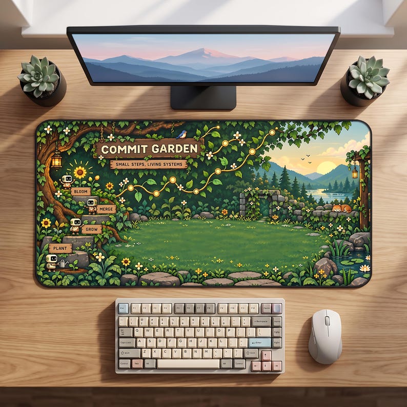 Op de afbeelding: Een rechthoekige bureaumat met een tuinillustratie en de tekst COMMIT GARDEN en SMALL STEPS, LIVING SYSTEMS. De afbeelding toont kleine robots op stenen treden, weelderig groen, bloemen, een vijver en een berglandschap in de verte.