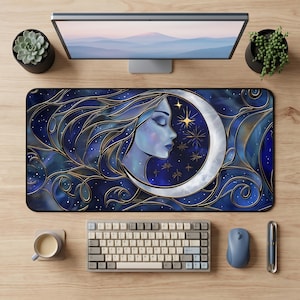 Moon Goddess Desk Mat | Blue Celestial Art, Starry Night