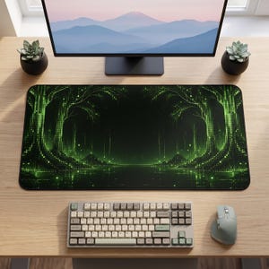 Skrivbordsmatta med neonfärgade skogar och glödande träd | Grön cyberfantasi-musmatta