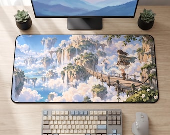 ファンタジードラゴンデスクマット、浮遊島マウスパッド、スカイキングダムアニメゲーミングマット、魔法の冒険デスクデコレーション