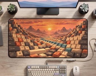 サンセットキーボード風景デスクマット | レトロキーキャップ風景デスクパッド