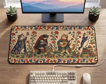 Middeleeuwse bardkatten bureauonderlegger | Muismat met kattenmuzikanten in tapijtstijl