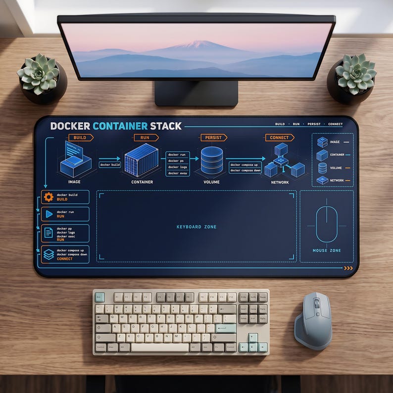 Pu&ograve; includere: Un tappetino da scrivania rettangolare con sfondo blu scuro e un diagramma tecnico bianco e arancione intitolato DOCKER CONTAINER STACK. Il tappetino include zone etichettate per tastiera e mouse, insieme a icone e comandi Docker.