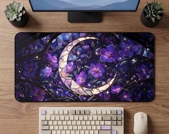 Tapete de mesa Lua Crescente com Flores Roxas | Mousepad Céu Noturno Floral
