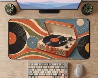 レコードプレーヤー型デスクマット、レトロなターンテーブル型マウスパッド、ミッドセンチュリースタイルの音楽好きのためのデスクデコレーション