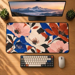 Paper Pattern Floral Desk Mat, Blue Pink Red Flower Mouse Pad, Bold Botanical Home Office Desk Pad