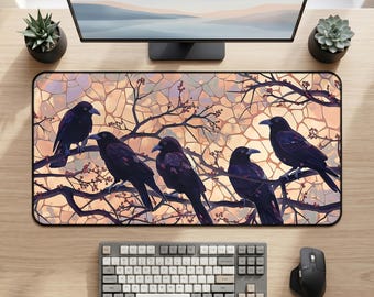 Ravens on Branches Desk Mat | Crow Silhouette Nature Mousepad
