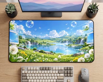 Frutiger Aero デスクマット、Y2K ネイチャー マウスパッド、ブルースカイ ウォーターフォール レトロフューチャー ゲーミングデスク装飾