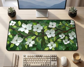 Weiße Hartriegel Blüten Schreibtischmatte | Florales botanisches Mousepad