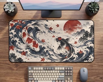 鯉の波のイラスト入りデスクマット｜日本の鯉、赤い太陽、紅葉