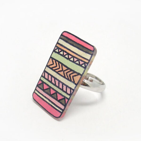 Tribal Ring - Free shipping, Pastel pink, Aztec jewelry, Navajo, Geometric ring, Rectangle Oversize ring, Platinum plated ring (pp16r)
