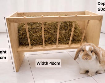 Comedero de heno de madera hecho a mano para conejos – Diseño antidesperdicio – Madera natural sin tratar – Para conejos y cobayas