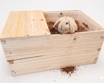 Houten graafbak voor konijnen – Graafbak met uitneembare lade voor dwerg- en minihangkonijnen, speelbox voor huisdieren, verrijking voor konijnen