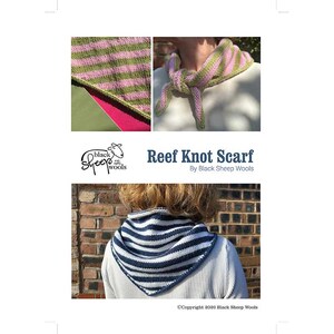 May include: A Reef Knot Scarf by Black Sheep Wools featuring two variations of a knitted triangular scarf. One version has horizontal pink and green stripes, while the other displays horizontal navy blue and white stripes with a textured knit.