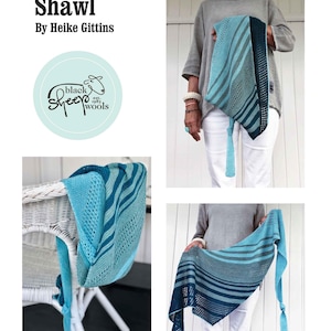 May include: A blue and teal shawl with a striped pattern and a knotted fringe. The shawl is displayed in multiple images, including one draped over a white chair and another held by a person. The text "Faded Lines Shawl" is visible.