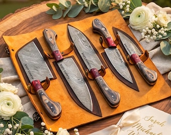 Custom Engraved Damascus Steel Chef Set, Personalized Handmade Kitchen Knives, 5PCS Full Tang Knife Set, Groomsmen Gift, Gift for Him