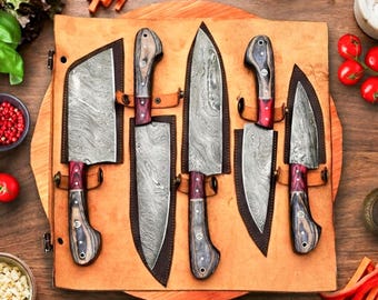 Hand Forged Damascus Chef Knife Set, Handmade Full Tang Kitchen Cutlery, Professional Culinary Knife Collection, Premium Cooking Set
