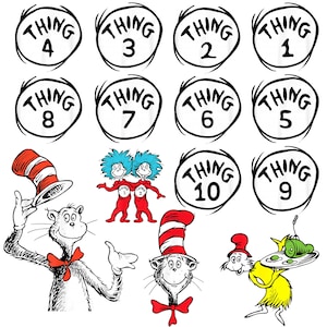 Könnte beinhalten: Illustration mit Figuren aus einem Kinderbuch. Enthält den Kater mit Hut, die Dinge 1-10 in Kreisen und andere Charaktere. Der Kater mit Hut trägt einen rot-weiß gestreiften Hut und eine rote Fliege.