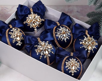 Luxury Christmas ornaments, Handmade balls, Xmas decorations, Tree decor set, navy blue baubles, christmas clearance
