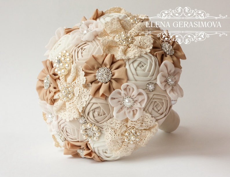 Brooch Bouquet Ivory Tan Fabric Bouquet Vintage Bouquet Etsy