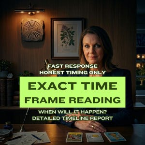 May include: An image featuring a woman in a dark blazer, with text overlayed in a green rectangle that reads "EXACT TIME FRAME READING". The text also includes "FAST RESPONSE, HONEST TIMING ONLY" and "WHEN WILL IT HAPPEN? DETAILED TIMELINE REPORT". Tarot cards are on the table.