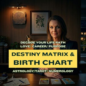 Peut inclure: Une femme est assise à un bureau avec des cartes de tarot, avec le texte "DECODE YOUR LIFE PATH LOVE/ CAREER/ PURPOSE DESTINY MATRIX & BIRTH CHART ASTROLOGY/TAROT/NUMEROLOGY". L'arrière-plan comprend une gravure sur pierre et une impression botanique encadrée.
