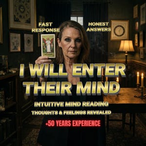 May include: An image of a woman holding a tarot card, with text that reads "I WILL ENTER THEIR MIND". Additional text includes "FAST RESPONSE", "HONEST ANSWERS", "INTUITIVE MIND READING", "THOUGHTS & FEELINGS REVEALED", and "+50 YEARS EXPERIENCE".