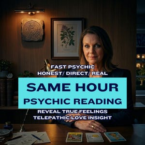 May include: An image featuring a woman with text overlayed. The text reads "FAST PSYCHIC, HONEST/DIRECT/REAL, SAME HOUR, PSYCHIC READING, REVEAL TRUE FEELINGS, TELEPATHIC LOVE INSIGHT". Tarot cards are on the table.
