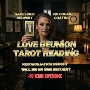 Puede incluir: Anuncio de una lectura de tarot. La imagen muestra el texto "LOVE REUNION TAROT READING" con "SAME HOUR DELIVERY", "NO SUGAR COATING", "RECONCILIATION INSIGHT", "WILL HE OR SHE RETURN?" y "+50 YEARS EXPERIENCE". Una mujer sostiene una carta de tarot.