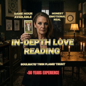 May include: An advertisement for an in-depth love reading service. The image features the text: "Same Hour Available", "Honest Emotional Real", "In-Depth Love Reading", "Soulmate/Twin Flame/Truht", and "+50 Years Experience". A woman is holding a tarot card.