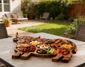 Planche de charcuterie de vache des Highlands unique en bois, cadeau de plateau de service de ferme rustique
