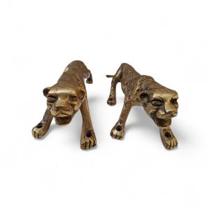 Può includere: Una coppia di maniglie per porta in ottone a forma di leopardi in agguato. Ogni maniglia presenta una finitura oro metallizzato con macchie incise e dettagli del volto, inclusa una bocca aperta e fori per viti sulle zampe anteriori.