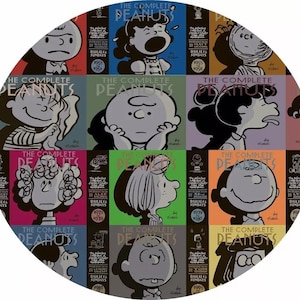 May include: A circular design featuring multiple covers of "The Complete Peanuts" comic book series. Each cover showcases a different character with various expressions, set against a backdrop of vibrant colors like red, blue, green, and orange. The covers display the years 1950s-1990s.