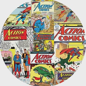 May include: A collage of vintage "Action Comics" comic book covers featuring Superman. The covers display vibrant colors, dynamic illustrations, and the iconic "Action Comics" logo. The collection includes various issues with different scenes.