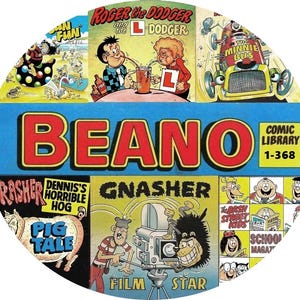Może przedstawiać: Kolisty kolaż z okładek komiksów w stylu vintage, z tytułem "BEANO" w dużych czerwonych literach. Kolaż zawiera różne paski komiksowe z postaciami takimi jak Roger the Dodger i Gnasher, z żywymi kolorami i pogrubionym tekstem.