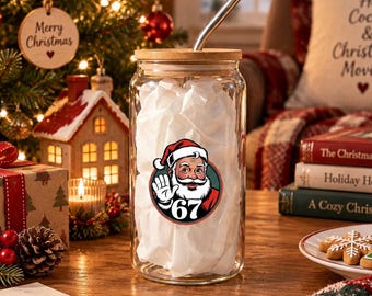 Santa Christmas Glass Tumbler, Retro Number 67 Graphic Drink Cup, Picnic Gift, Outdoor Summer Drinkware