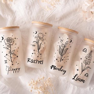 Bicchiere personalizzato con fiore di nascita dello zodiaco, tazza con costellazione e nome personalizzati, regalo di compleanno astrologico per lei, bicchieri a tema celeste