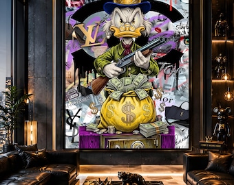 Scrooge McDuck Money Canvas Print, Rich Duck Street Art Poster, Home Decor