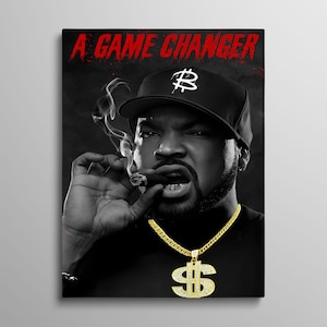 May include: Black and white portrait of a person smoking a cigar, wearing a black baseball cap with a white logo, a gold chain with a dollar sign pendant, and gold teeth. The words "A GAME CHANGER" are written in red at the top.