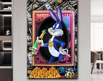 Bugs Bunny Bitcoin Graffiti Wall Art Canvas Print, Luxury Crypto Pop Art Poster, Money Motivation Street Art Decor, Modern Office Decor