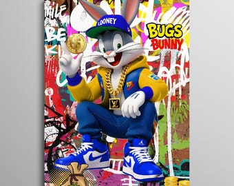 Bugs Bunny Graffiti Wall Art, Hip Hop Cartoon Poster, Streetwear Pop Art Print, Urban Wall Decor, Sneaker Lover Gift, Digital Download