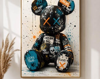 Graffiti Bear Toy painting, Bear Banksy Graffiti Canvas, hypebeast decor