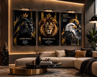 Discipline Lion Wall Art, 3 Inspirational Lion, Wolf, Eagle Wall Art, office wall decor, (digital download)