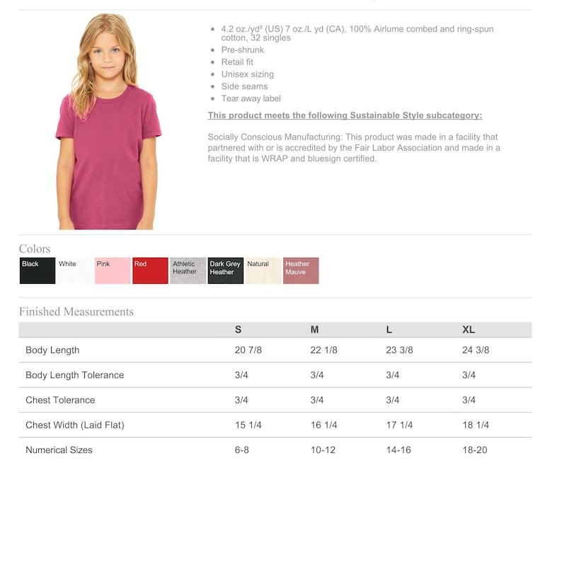 May include: A short-sleeved crew neck t-shirt in heather mauve, made of 4.2 oz. Airlume combed and ring-spun cotton. The garment features side seams, a retail fit, and a tear-away label. A size chart provides finished measurements in inches.