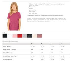 May include: A young person wearing a short-sleeved, mauve-colored t-shirt. The image includes a color chart with options like black, white, and pink, and a size chart with measurements in inches for body length and chest width.