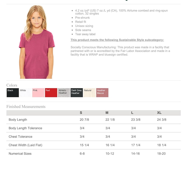 May include: A young person wearing a short-sleeved, mauve-colored t-shirt. The image includes a color chart with options like black, white, and pink, and a size chart with measurements in inches for body length and chest width.