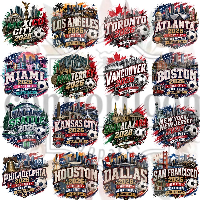 May include: A collection of sixteen circular graphic emblems featuring city skylines and landmarks for the 2026 World Football Match Day. Each design includes the city name, the year 2026, and a soccer ball, rendered in vibrant, colorful illustrations.