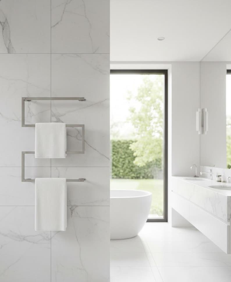 May include: A modern bathroom with white marble tile and a stainless steel towel warmer. Two white towels hang on the warmer. A white bathtub and vanity are visible in the background, with a large window overlooking greenery.