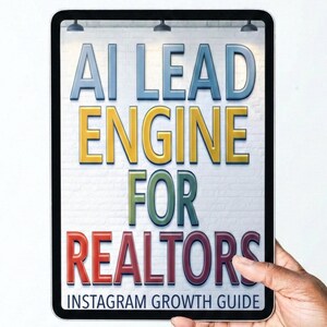 May include: A tablet displays the text "AI LEAD ENGINE FOR REALTORS" in blue, yellow, green, and red. The words "INSTAGRAM GROWTH GUIDE" are below. The tablet is held by a hand against a white background.